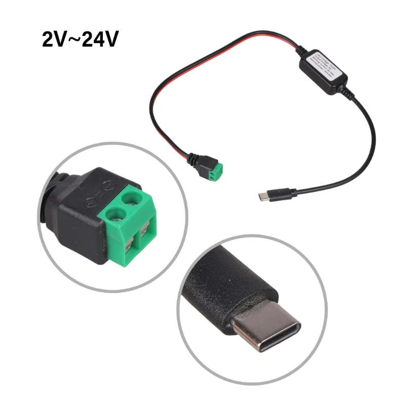 Solderless Plug USB C to 2Pin Terminal Adapter Cable Type-C to 2 Pin Screw Crimp Terminal Block 12/24V to 5V Charging Connector