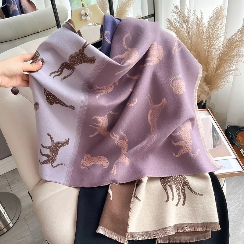 2024 Luxury Animal Print Scarf for Women Warmer Winter Cashmere Pashmina Scarves Shawls Female Thick Blanket Wraps Foulard