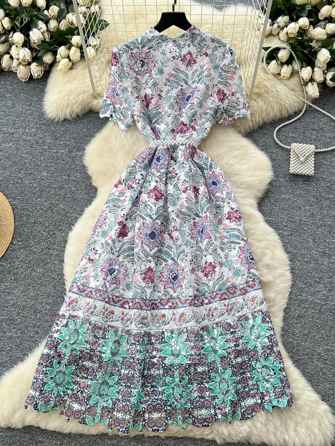 Ele Long Dr High Waist A-Line Silhouette ort Sve Hollow out Lace Single Button Luxury Women's Faion Summer Dr