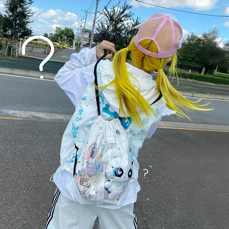 Karrram Japanese Y2k Anime Print Sleeveless Jacket 2000s Aesthetics Hooded Vest Vintage Harajuku Kawaii Angel Wings Outerwears