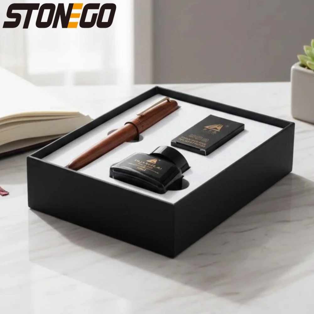 Luxury 24K Gold Plated Fountain Pen Set 0.7mm Nibs Pure Wood Rotating Cap 30ml Ink Holiday Gifts Office Supplies