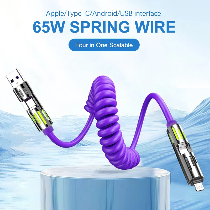 

4 In 1 65W Spring Data Cable USB Type C Spring Telescopic Quick Charger Car Phone Cable Support Carplay Hicar For Phone Tablet