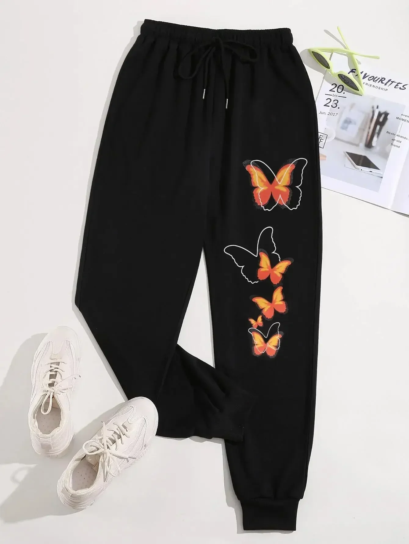 Butterfly Printing Casual Versatile Women Pant Trendy Hip Hop Trousers With Drawstring Pockets Sweatpants Female Sport Pants