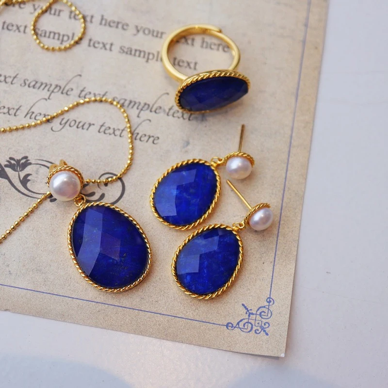 Klein Blue Vintage 925 Silver Natural Lapis Lazuli Earrings For Women Lapis Rings Pendant Jewelry Crystals Face Freshwater Pearl