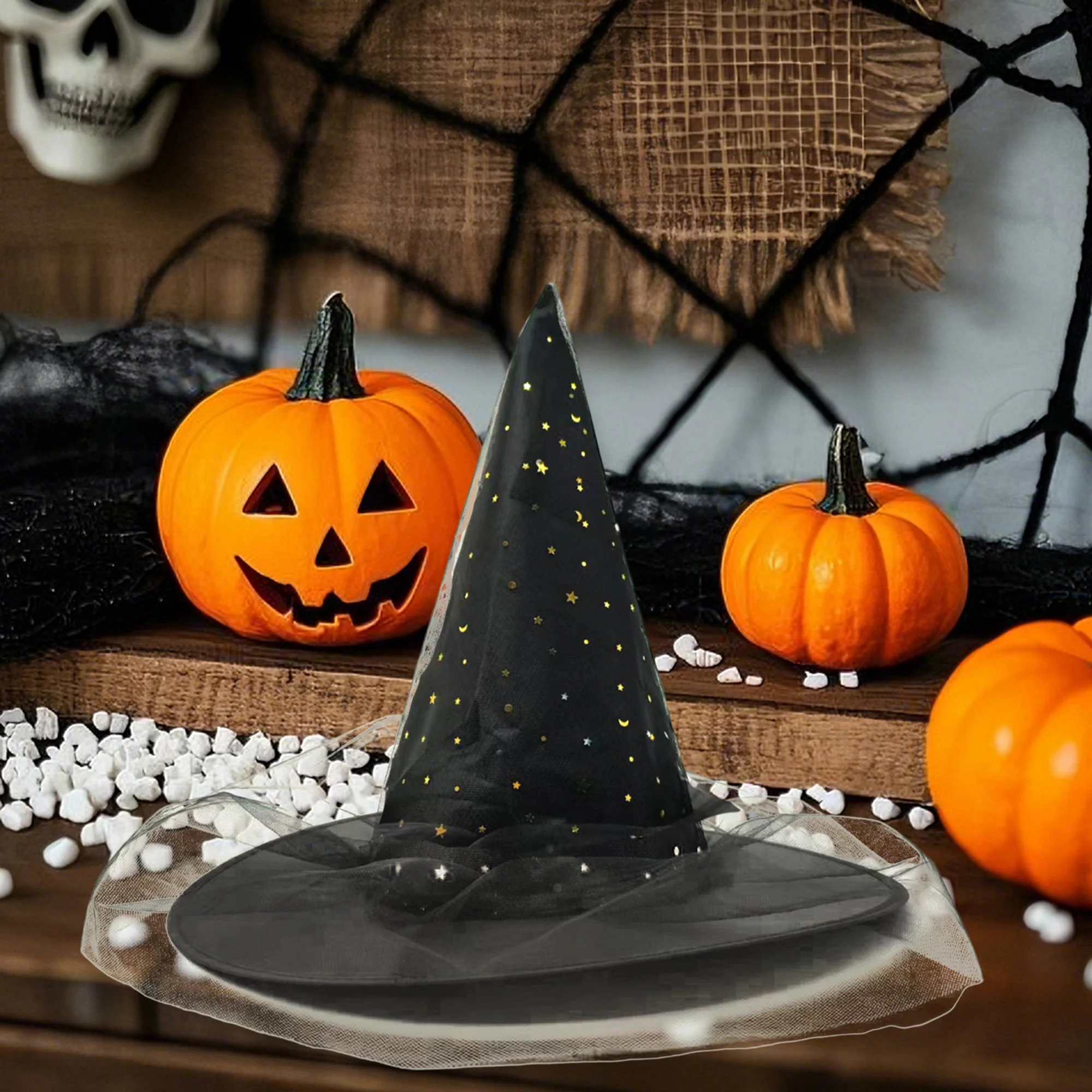 Czarny kapelusz czarownicy w stylu gotyckim z siatką i cekinami, idealny na Halloween, cosplay i imprezę z motywem gwiazd.