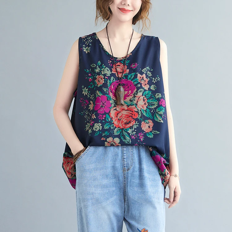 

Прохладный жилет с цветочным принтом Fre, повседневная футболка на бретельках для мам, топ с цветочным узором, модный свободный крой, хлопковый летний тонкий топ