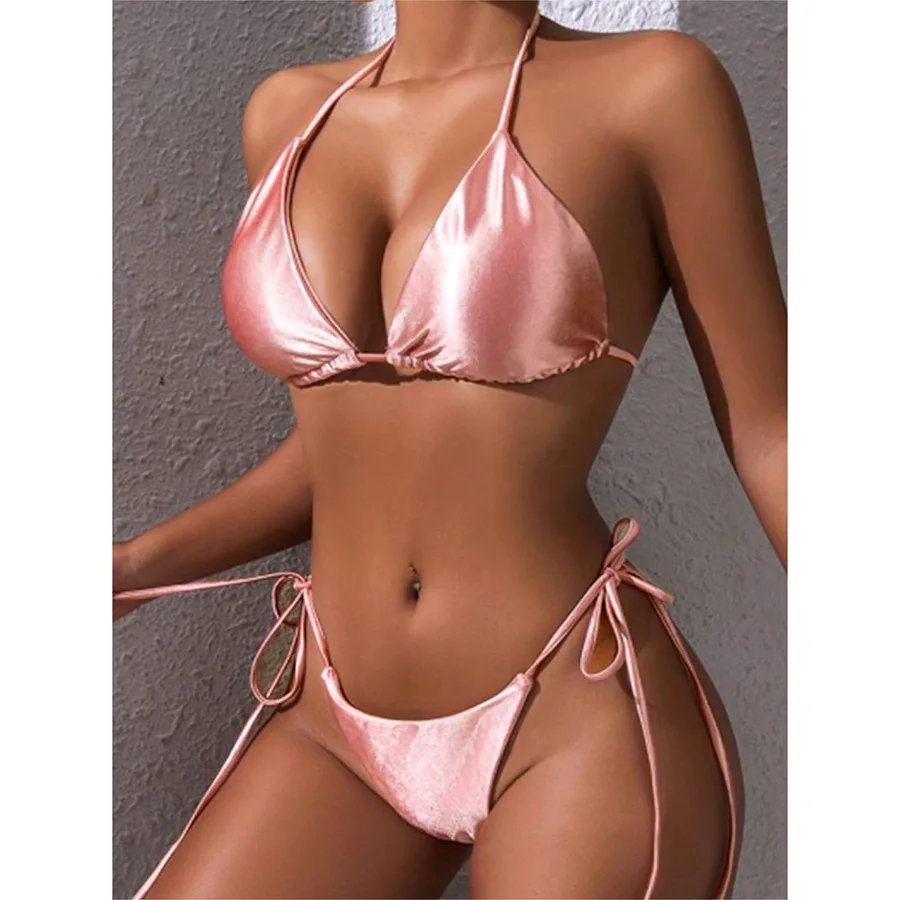 Sexy cetim rosa glitter halter tie string biquinis define duas peças tanga bandagem maiô banho biquini tankini