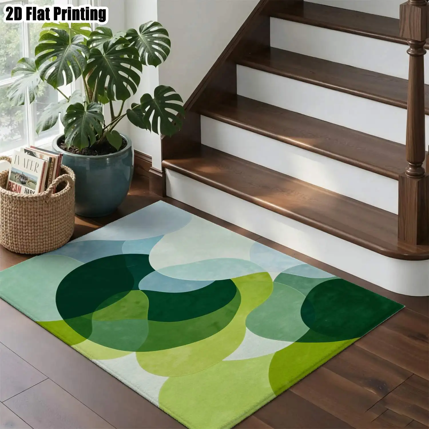 1Pc 2D Printed Carpet: Fresh Green & Blue Abstract Geometric Patterns, Nordic/Instagram-Style, Modern Minimalist, Home Decor, Multi-Size, Machine Washable, Perfect for Entrance, Dining, Foyer, Bedroom, Living Room