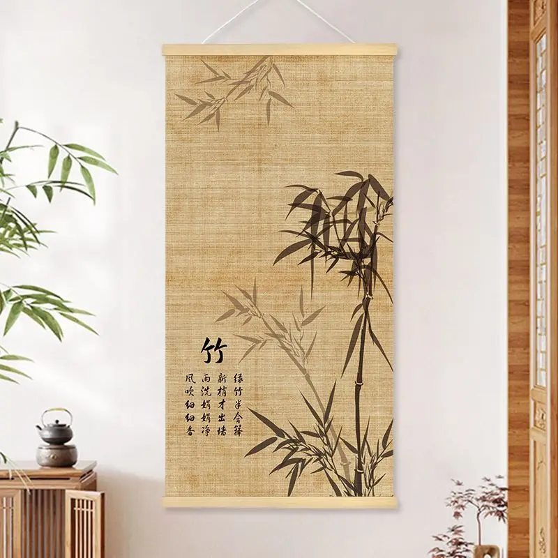Chinese Bamboo Scroll Tapestry Wall Hanging, Zen Meditation Ink Art for Tea Room Living Room House Decor​
