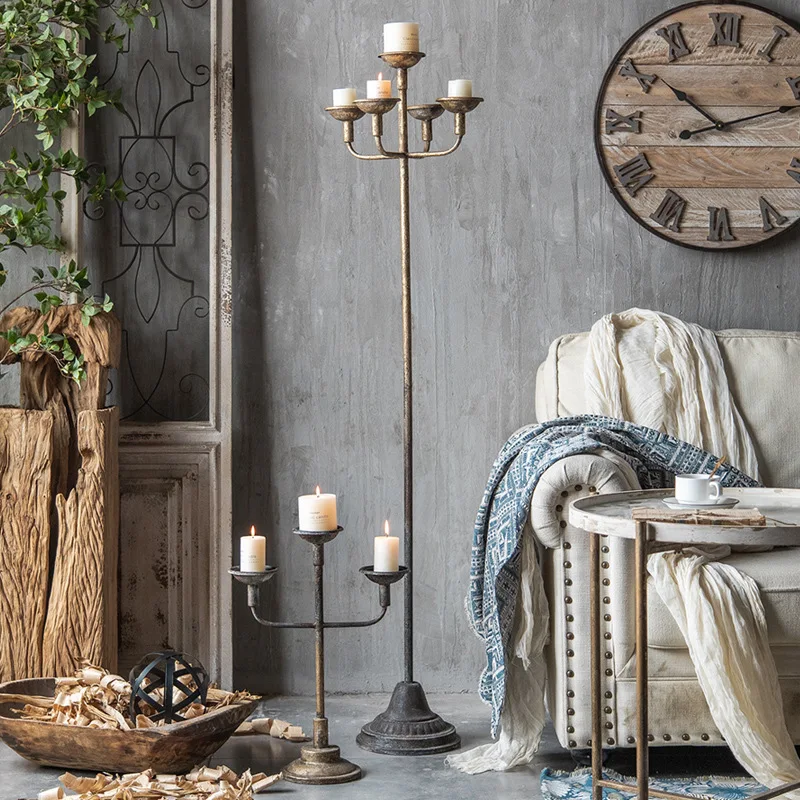 

American retro floor candlestick living room creative old wrought iron decorative candlestick bedside bedroom vertical antique o