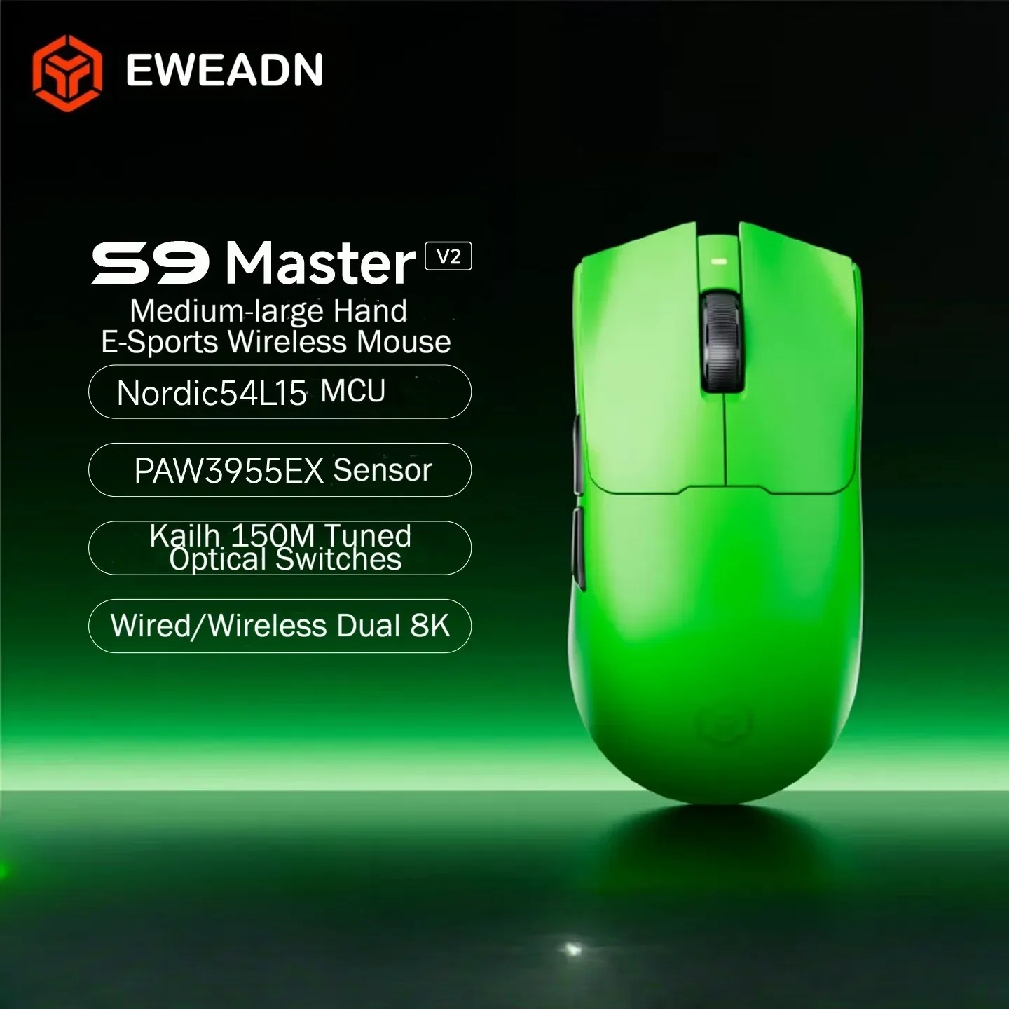 EWEADN S9 V2 Master Dual 8K Wireless Gaming Mouse PAW3955EX 50000DPI 750IPS 60G Nordic 54L15 Ergonomic Low Latency for PC Esport