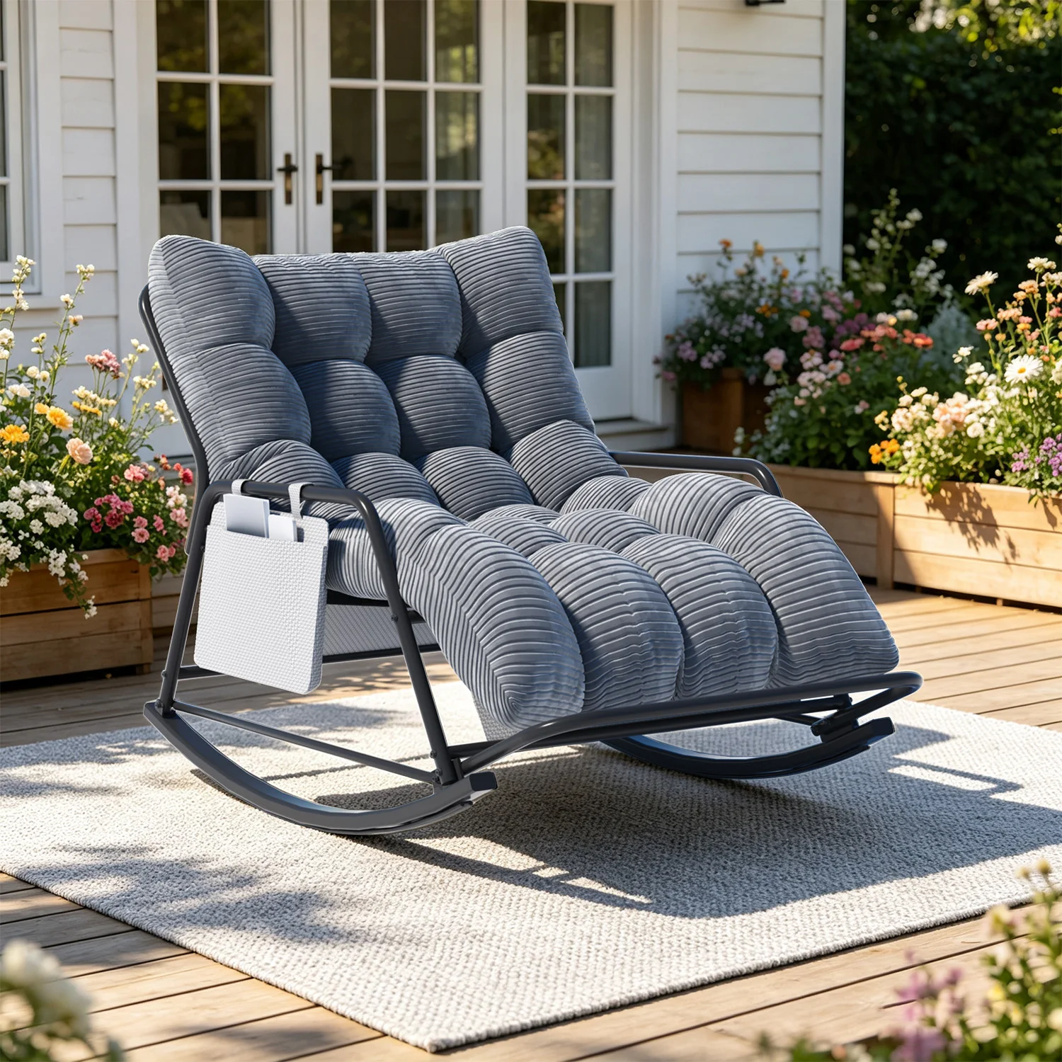Oversized Long Cushion Rocking Chair with Low Armrest and Fixed Crossbar Footrest, Daily Leisure Patio Furniture, Multi-scene Outdoor Furniture, Practical Outdoor Patio Furniture Set