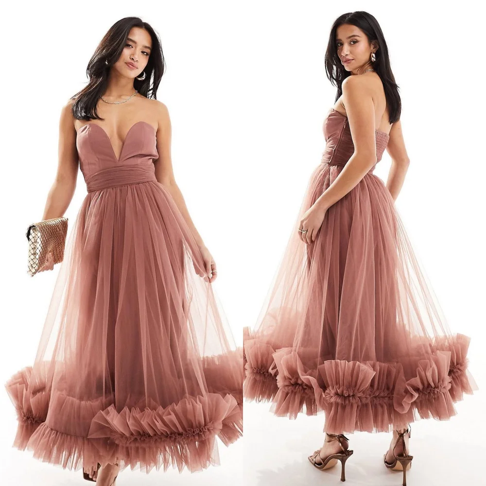 

Customized Tulle Ruched Celebrity A-line Sweetheart Bespoke Occasion Gown Midi Dresses