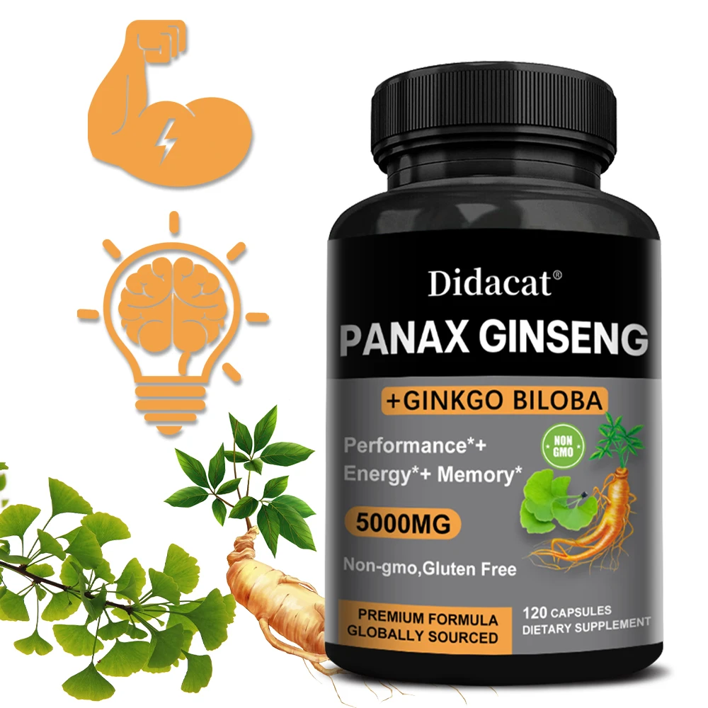 Panax Ginseng Root 5000mg + Ginkgo Biloba 60mg, Helps with Energy, Strength, Focus, Immunity, Men's Nutritional Supplement