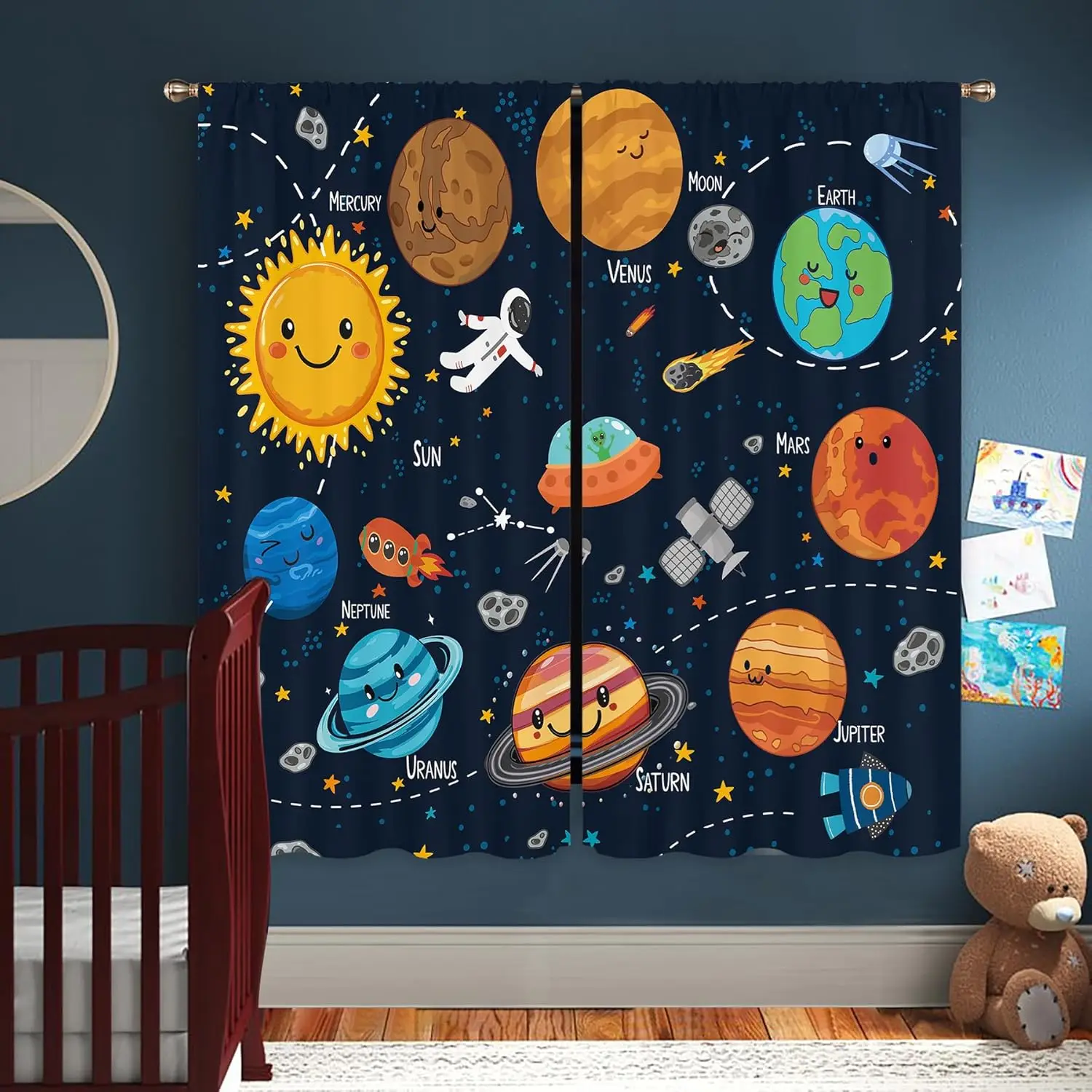 Solar System Universe Window Curtains Rod Pocket Kids Boys Outer Space Planet Learning Study Knowledge Galaxy Polyester Window
