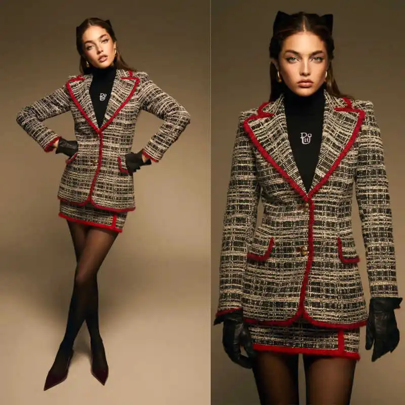 Elegant Tweed Women 2‑Piece Suit Notched Lapel Red Fringe Trim Blazer Mini Skirt Set Office Business Formal Outfit Customized