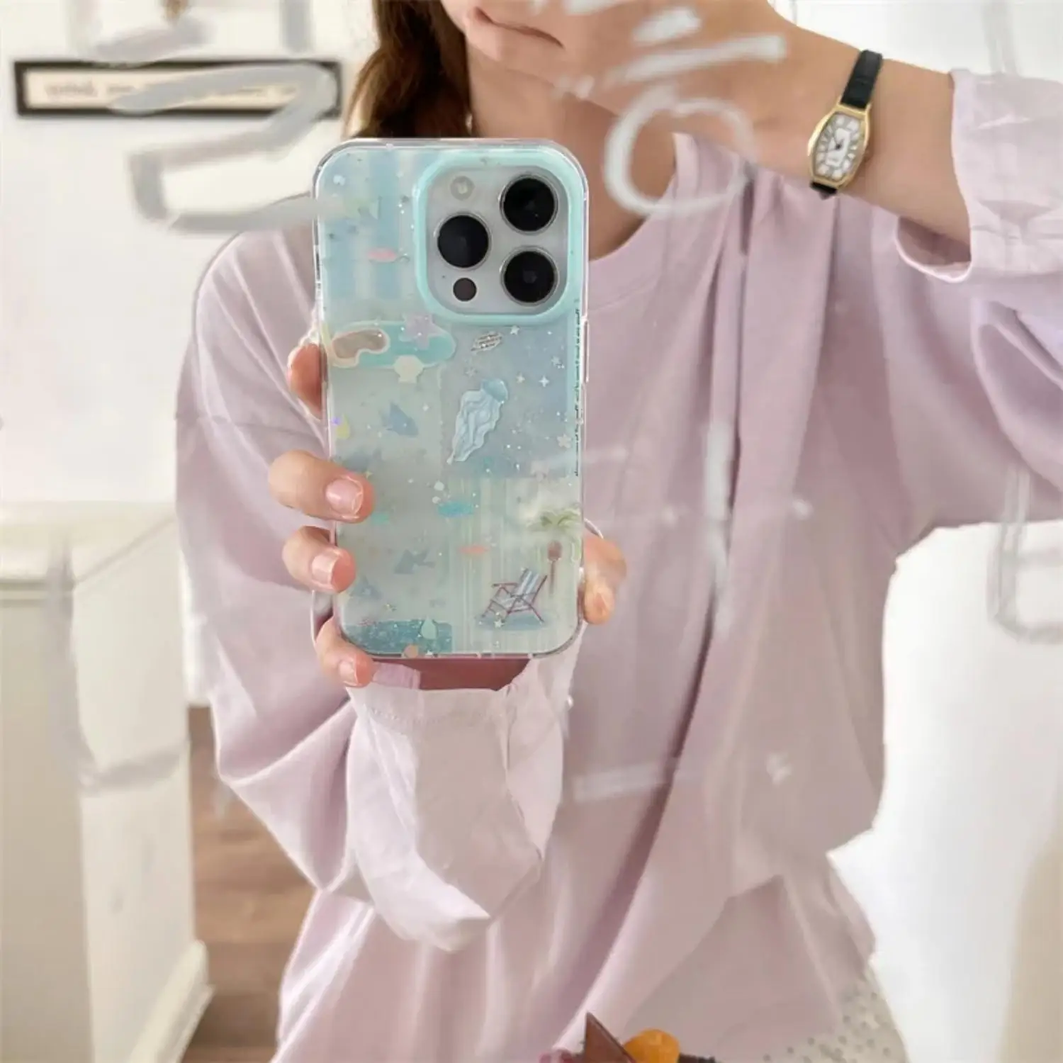 Coleção de camada dupla emenda praia pintura a tinta caso de telefone para iphone 17 ar 16 15 14 pro max anti risco ins y2k menina