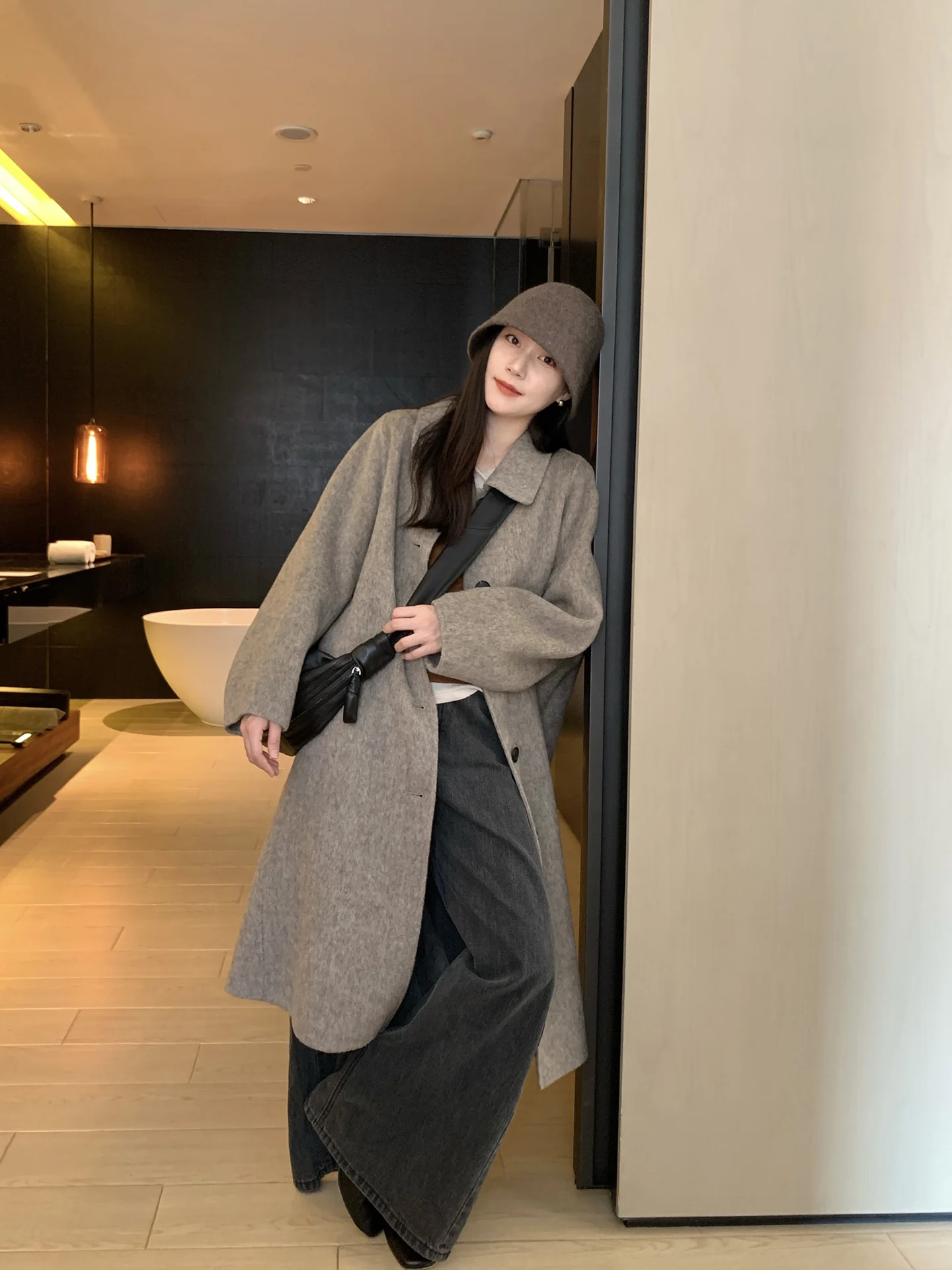 

Двустороннее пальто из шерсти и тибетского яка, корейский стиль, средней длины, женская верхняя одежда, фиолетовое, с шелковыми вставками, новинка 2025 года