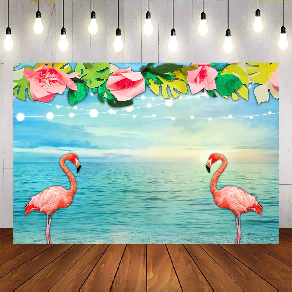 

Summer Flamingo Theme Tropica Hawaii Sea Custom Name 1st First Birthday Party Backdrop Cake Table Banner for Girls Background