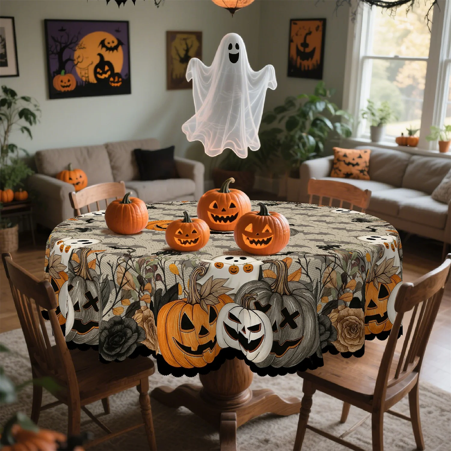 Dot-patterned pumpkin ghost bat flower branches Halloween tablecloth, 1 pack, suitable for kitchenzyc