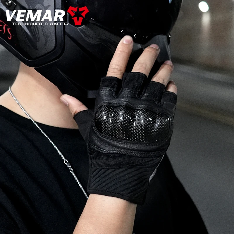 

VEMAR Summer Men's Motorcycle Fingerless Gloves Half Finger Leather Cycling Short Tactical Luvas Women Moto Breathable Motocross