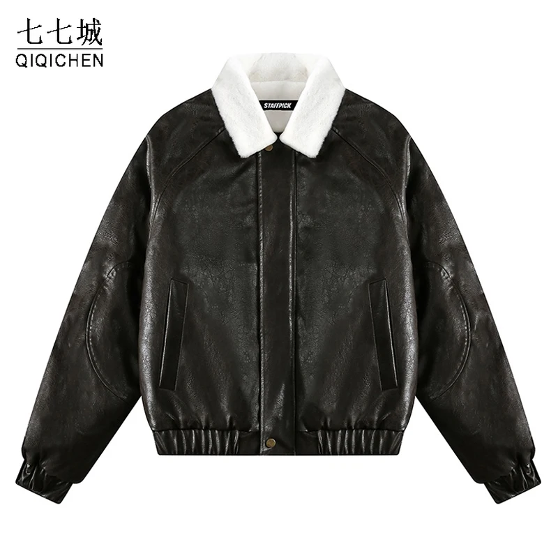 Winter Faux Leather Jackets Men Vintage Lining Furry Turndown Collar Thick Jacket Women Loose Waterproof Coat Fall Streetwear