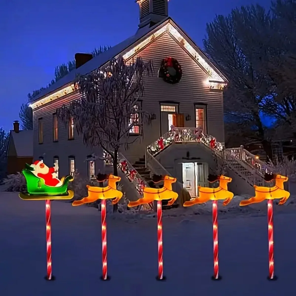5Pcs/Set Solar Christmas Santa Claus&Deer Pathway Lights with 8 Modes Garden Stake Lights For Home Walkway Yard Lawn Porch Decor