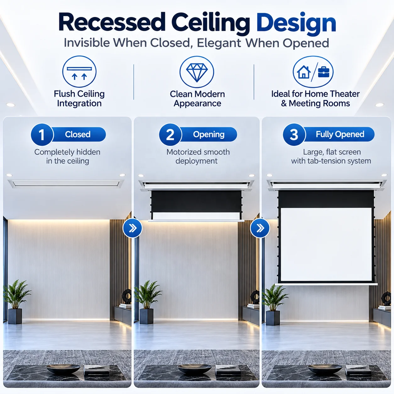 100 Inch Hidden in Ceiling Projector Screen Electric Retractable Tab Tension Screen for Luxury Home Theater System