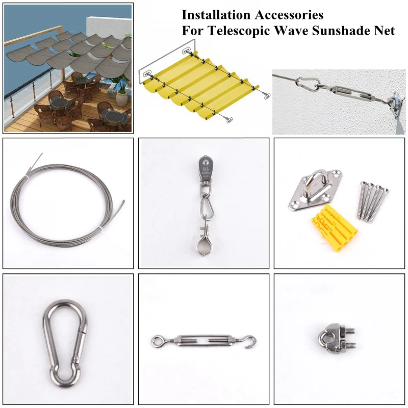 Installation Accessories For Telescopic Wave Shade Net Turnbuckle Pulley Spring Buckle Turnbuckle Wire Rope Awning Fittings