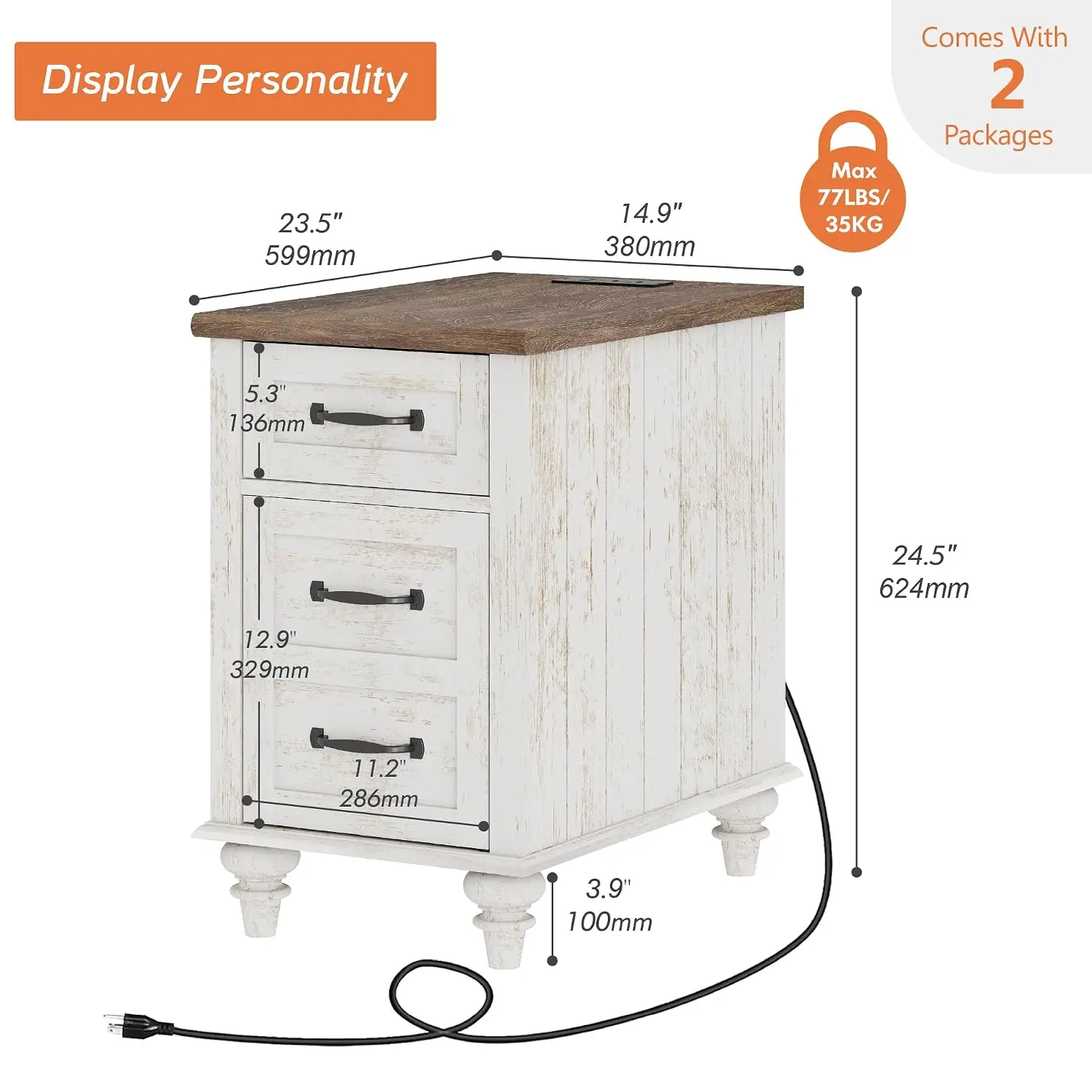 Farmhouse End Table with Charging Station Drawer Storage Cabinet Power Outlets USB Ports Living Room Bedroom, Customized