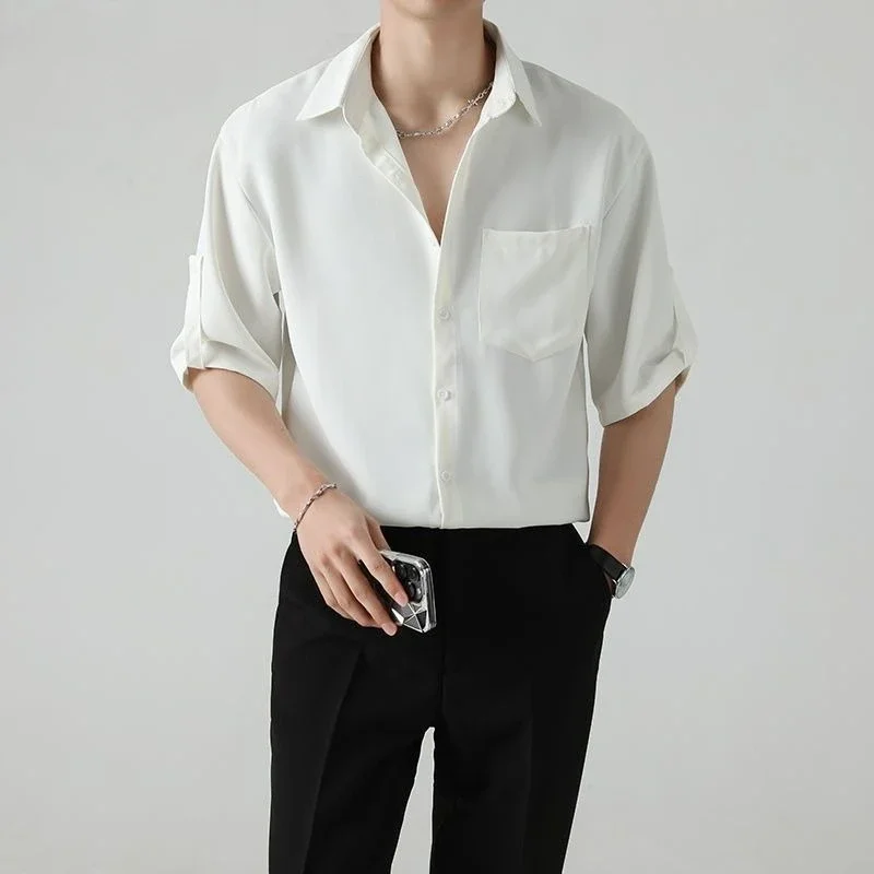 Loose Plus Size Solid Color Tops Male Shirt Men Summer Advanced Sense Korean Style Trend Casual Ice Silk Cropped Sleeve Shirt