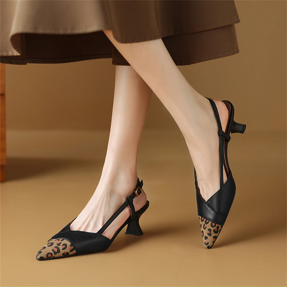 FEDONAS 2024 Women Genuine Leather Sandals Leopard Pointed Toe Slingbacks Office Pumps Party Prom Shoes Woman Summer Sandals