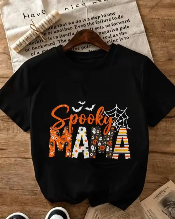 Women Spooky Mama Halloween Graphic Short Sleeve T Shirt Preppy Style Campus Outfit Round Neck Tee Bat Spider Web Print Holiday Party Casual Wear
