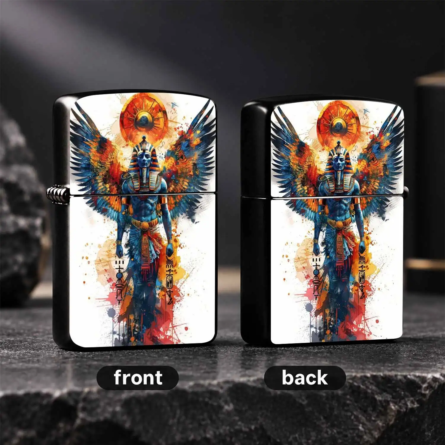 Creative Egyptian Sun God Themed Lighter Vibrant Splashed Ink Wing Art Design Portable Stylish Accessory Suitable For Daily Use Outdoor Travel Gifting Scenes Exquisite Decorative Artwork Unique Cultural Aesthetic Eye-Catching Practical Souv