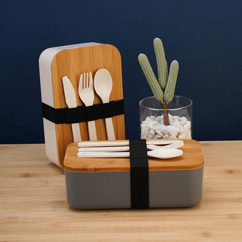 DIY Lunch Box with Customized Print Name LOGO Photo, Spoon, Fork, Knife, Eco Friendly Material, Bamboo Wood Cover, Food Safety