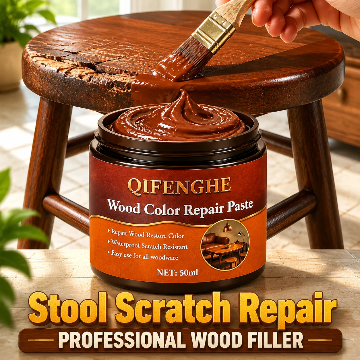Wood Repair Paste 50ml, Furniture Scratch & Color Restorer, Waterproof, Easy to Use for All Wood Surfaces