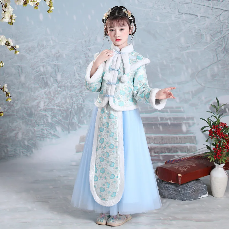 New Winter Thick Warm Girl New Year Greeting Dresses Kid Chinese Style Vintage Button Hanfu Qipao Performance Princess Vestido