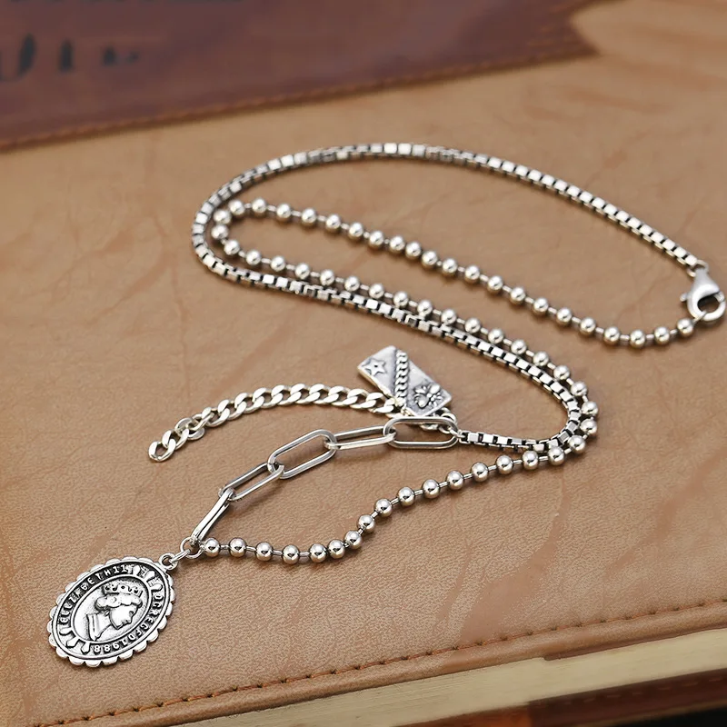 S925 sterling silver retro design box types A and B Women's stitching chain Korean style round necklace