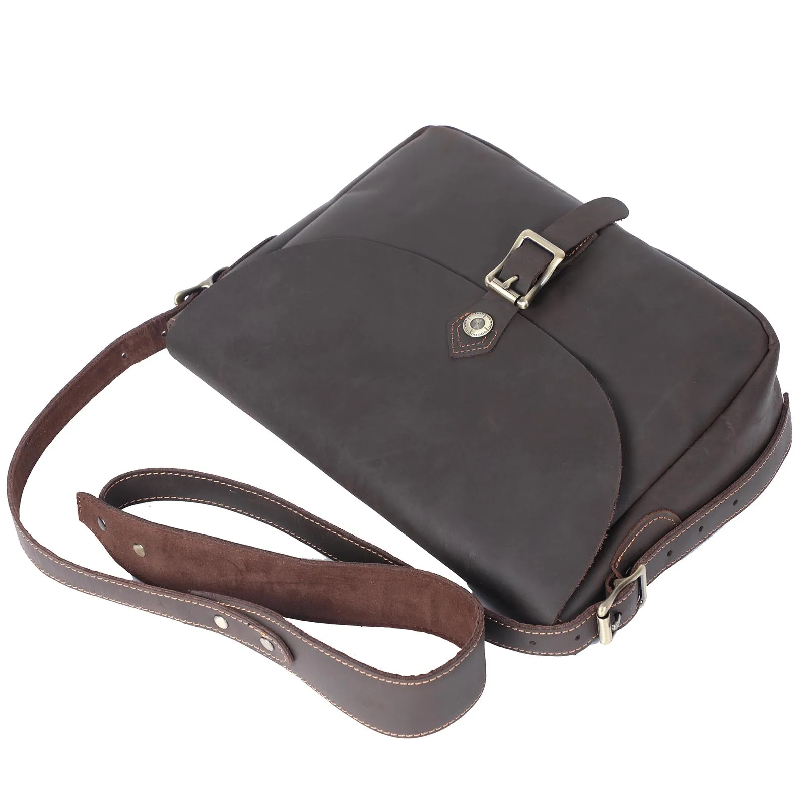 Vintage Echtleder Herren 11" Messenger Bag Umhängetasche Crazy Horse Rindsleder Schultertasche Top-Layer-Leder Mode Casual – Detail 7