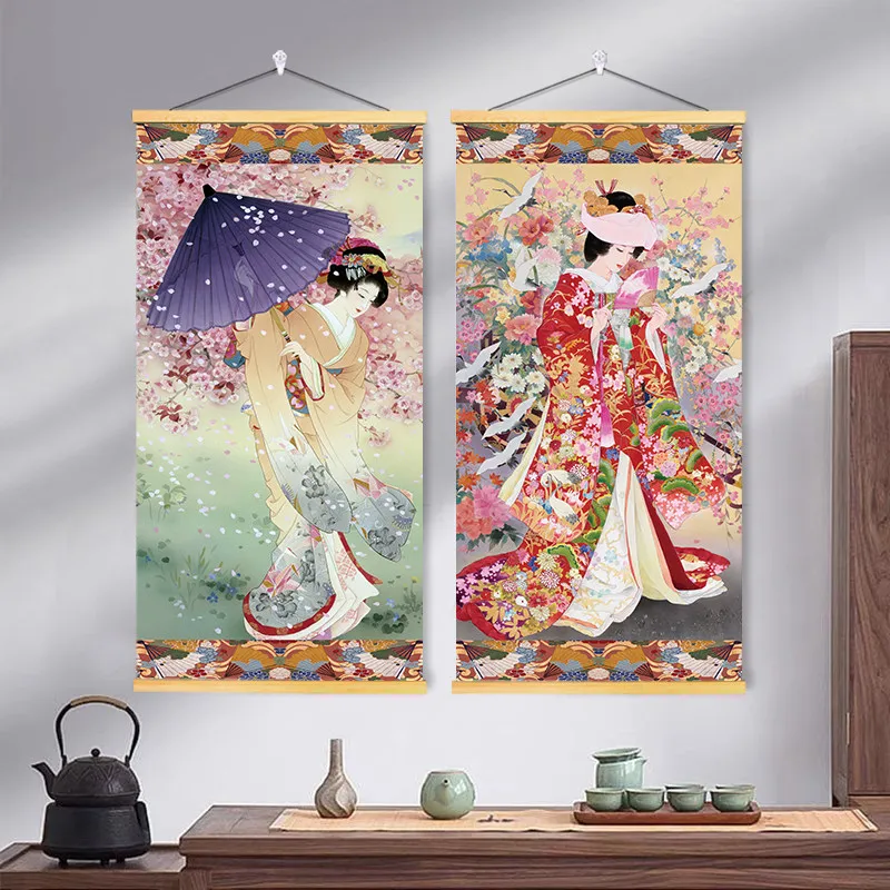 Japanese Lady Chart Geisha Wood Hanging Scroll Painting Posters Wall Art for Japanese Restaurant
