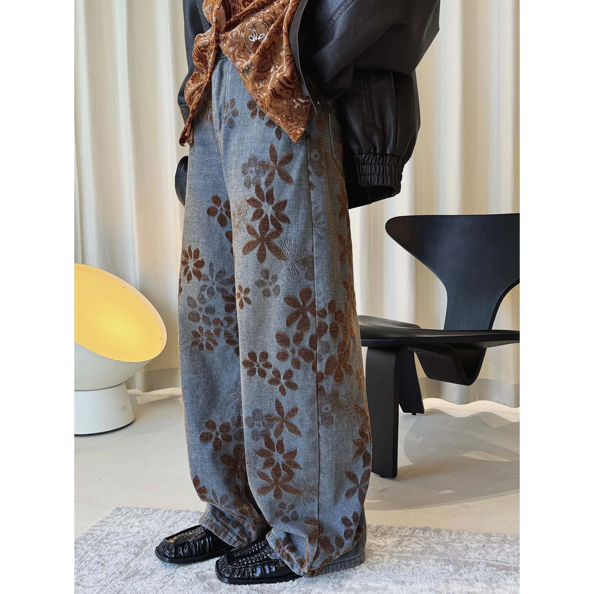 

Зимние ретро флисовые желтые джинсы Scimitar с вышивкой, свободные длинные брюки для женщин