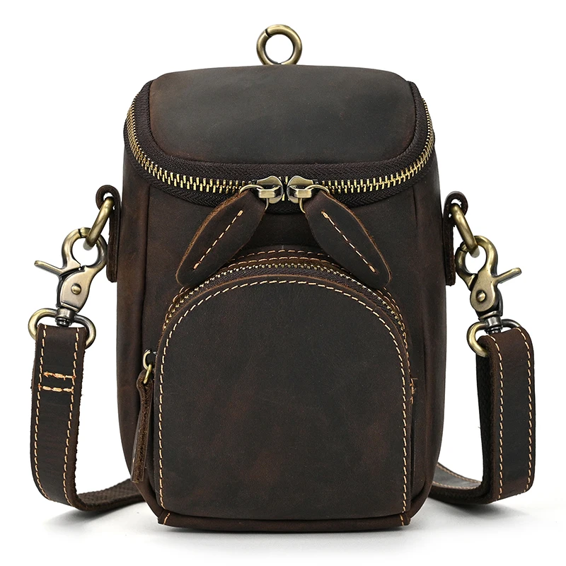 New design men's bag shoulder crossbody bag leather vertical large capacity crazy horse leather mens wasit bag on belt sling bag