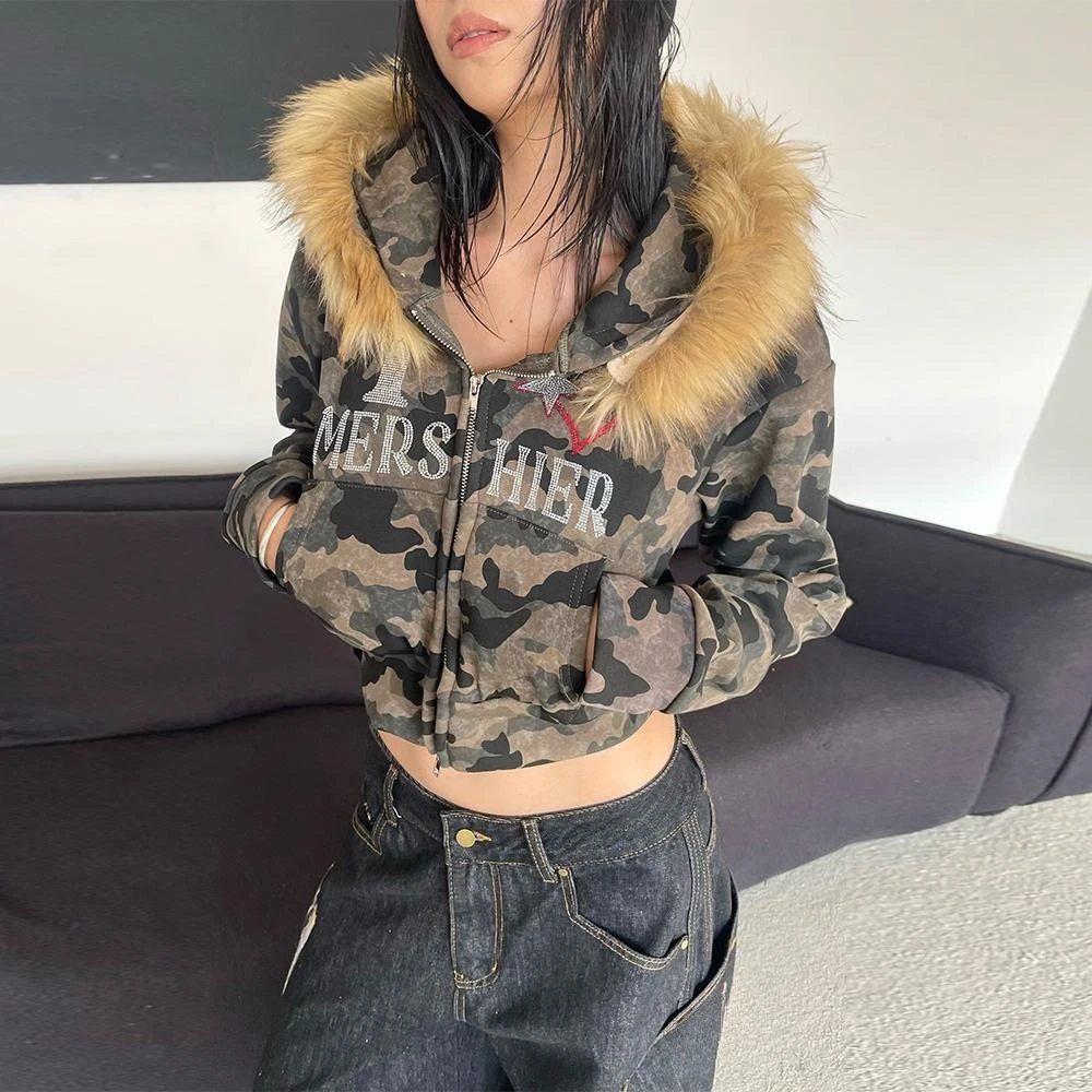 

Camouflage American Vintage Printed Jacket Hooded Women Long Sleeve Subculture Gothic Sweatshirts Female Outwear Harajuku Coats