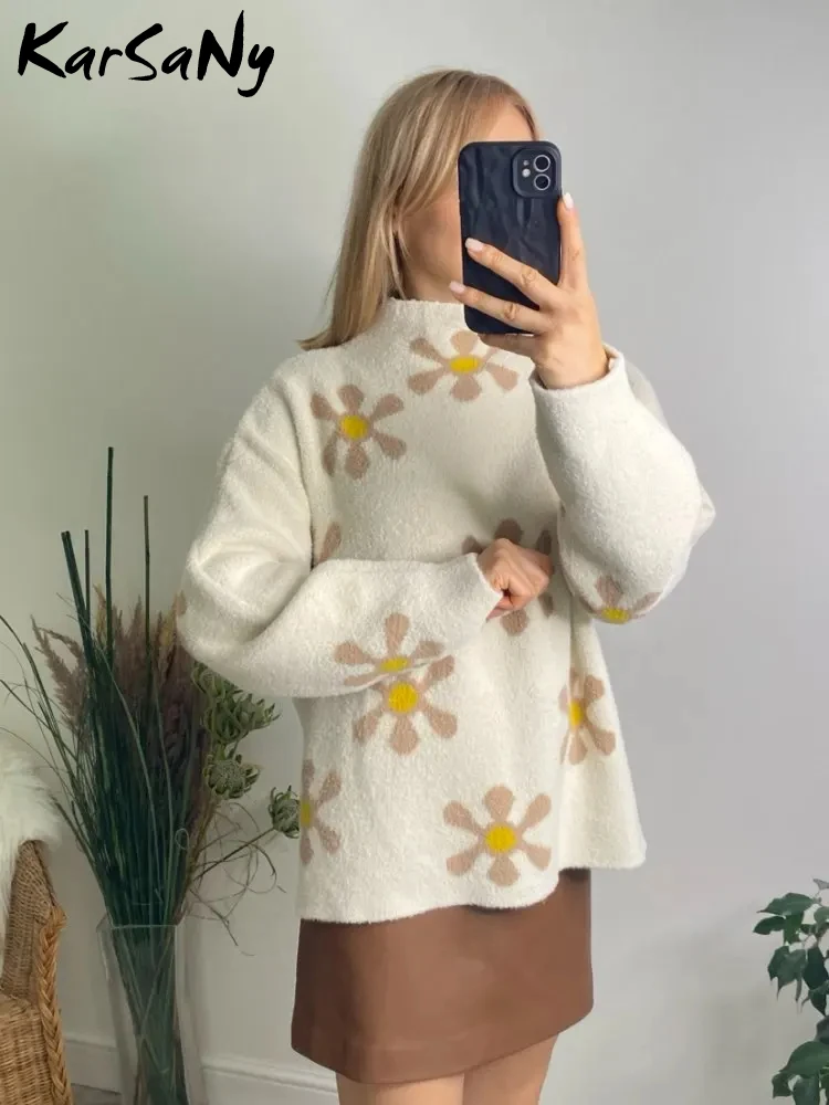 Women's Sweater Oversize Autmun Winter Half Turtleneck flower Print Long Sleeve Knitted pullovers For Women Casual Thick Jumpers