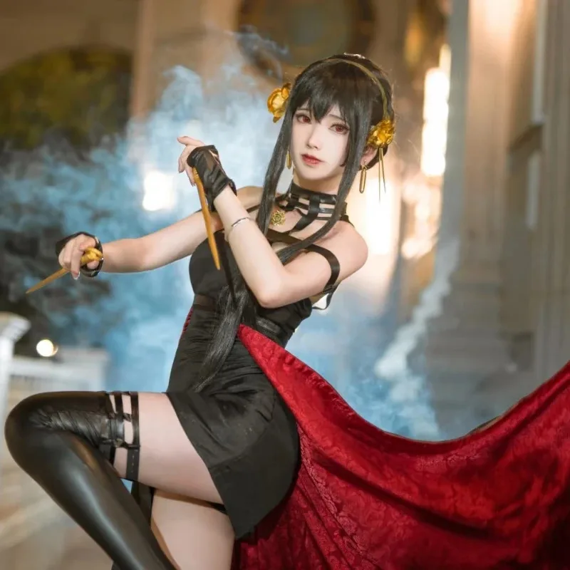 SPY×FAMILY Yor Forger, аниме, карнавальный костюм, черное женское платье, парик, серьги, полный комплект, наряды для вечеринок на Хэллоуин