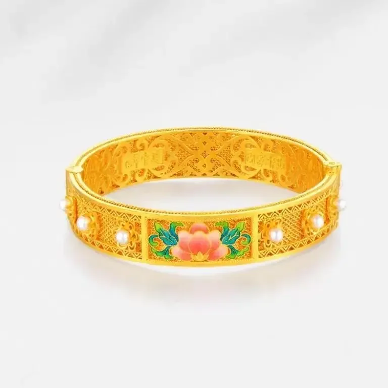 

9999 24K real gold Peony rich Mantang bracelet retro enamel craft real gold peony hollowed out buckle bracelet female