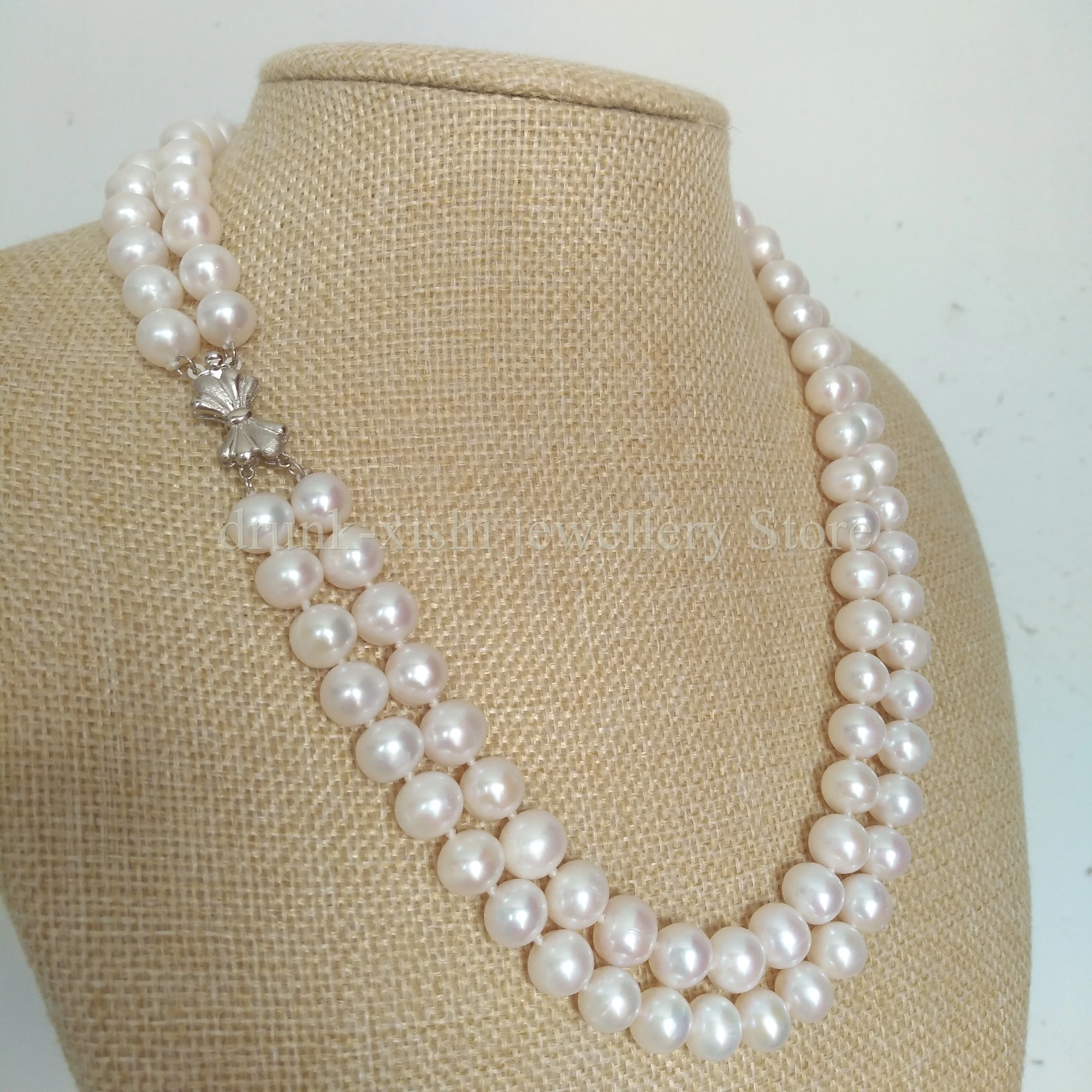 9-10mm Natural Seawater 8-9mm Double Strand 2 Rows Princess Real Pearl Necklace White Near Round Bead At Party Wedding Birthday