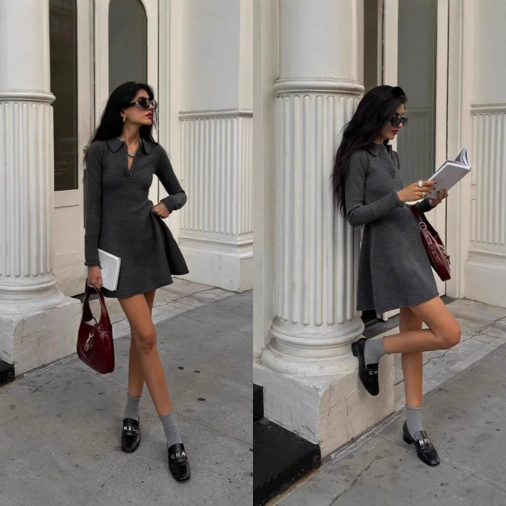 

Autumn and Winter Women's French Lapel Long-sleeved Dress Languid Lazy Wind Dropper Sense Thin Sweater Skirt