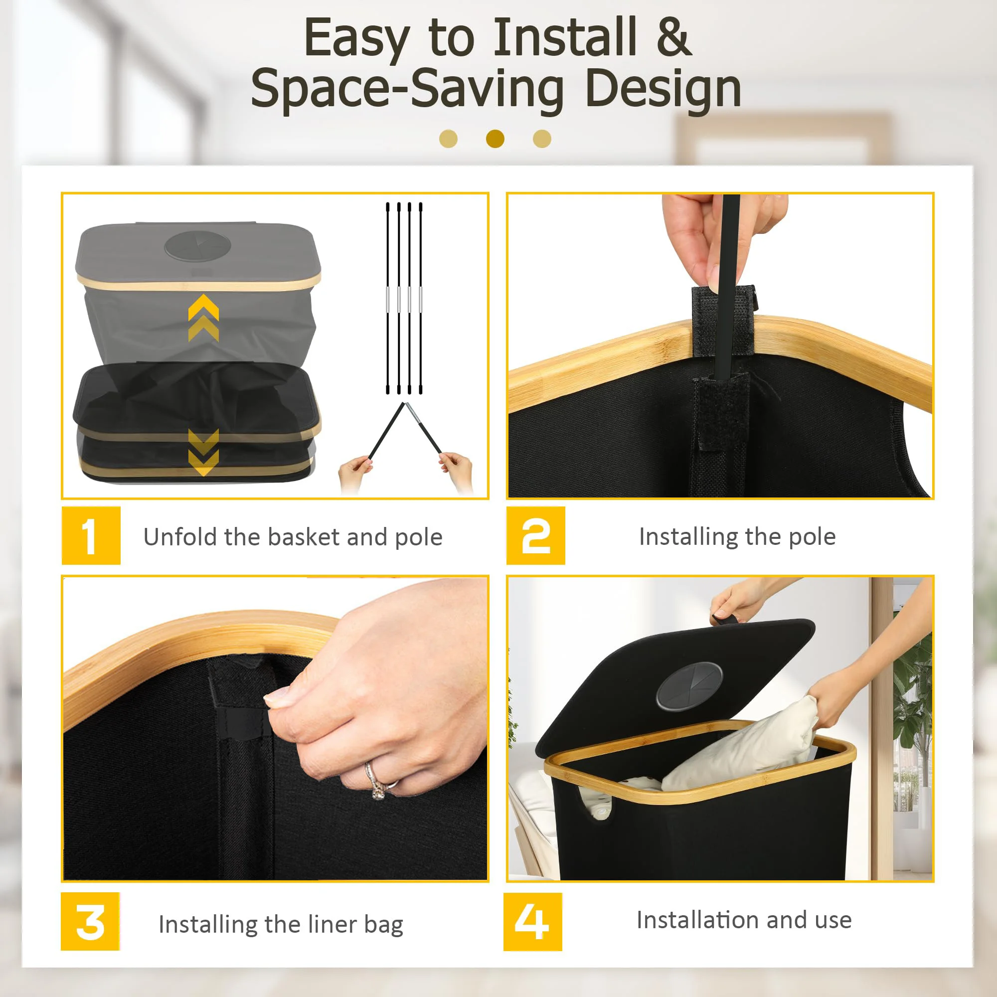 سلة غسيل قابلة للطي بسعة كبيرة 26.42 جالون مع مقابض من الخيزران، بطانة قابلة للإزالة، سلة غسيل من النايلون بجيب جانبي مع غطاء