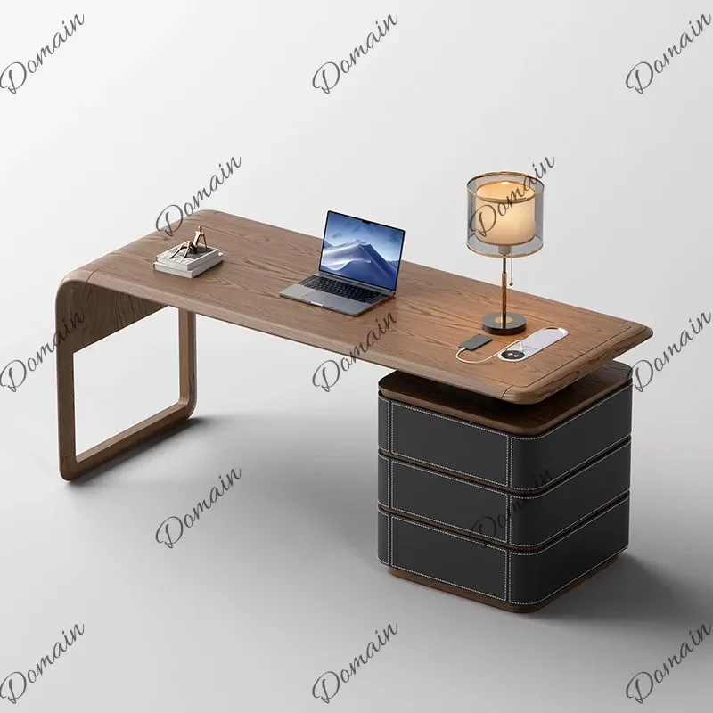 V81 Italian Minimalist Study Desk Designer Retro Office Table Walnut Color Saddle Leather Solid Wood Computer Desk
